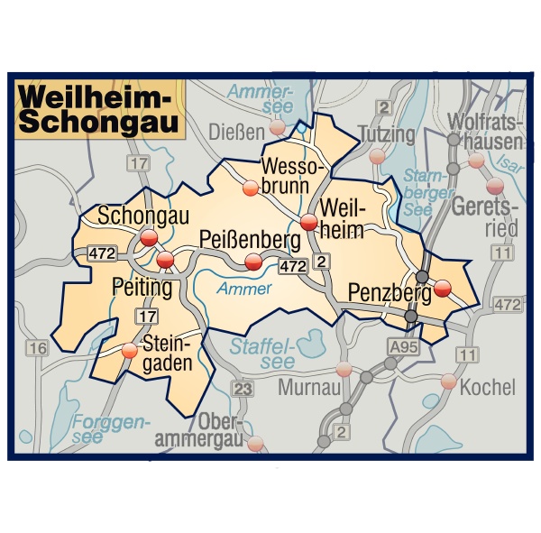 Karte von Weilheim-Schongau mit Verkehrsnetz in - Lizenzfreies Bild