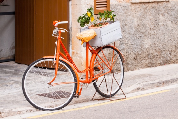damen fahrrad in orange mit blumen