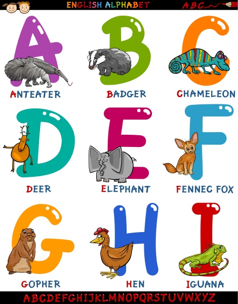 cartoon englisches alphabet mit tieren