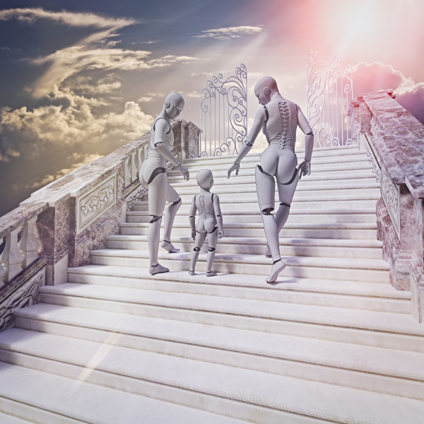 roboterfamilie auf treppe zum himmel