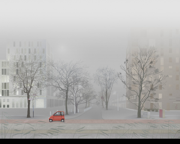 mann faehrt kleinwagen in leere nebelstrasse