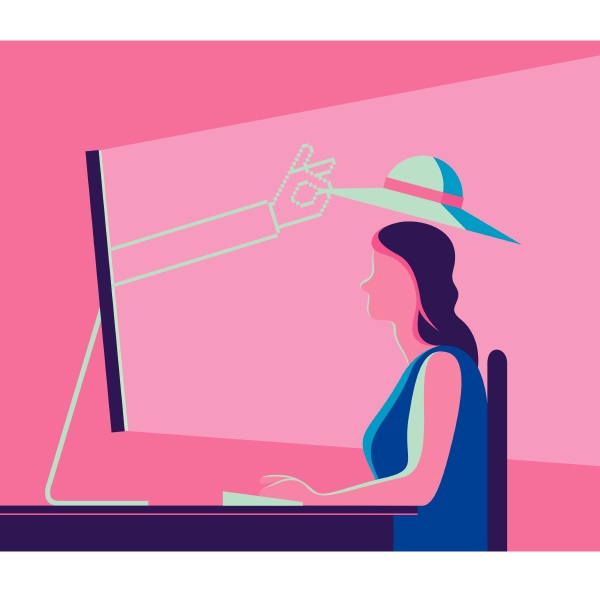 hand aus computerbildschirm auf den kopf