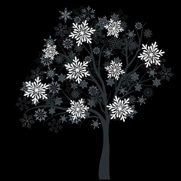 winterbaum mit schneeflocken auf schwarzem hintergrund