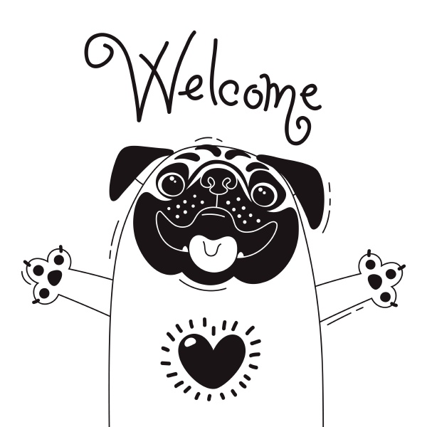 illustration mit froehlichen mops der sagt