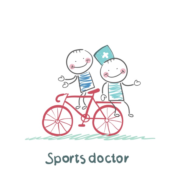 sportarzt faehrt mit einem patienten fahrrad