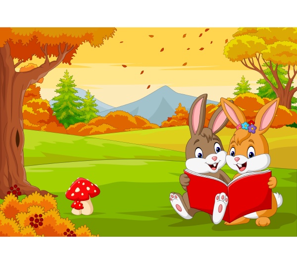 cartoon kaninchenpaare beim lesen eines buches