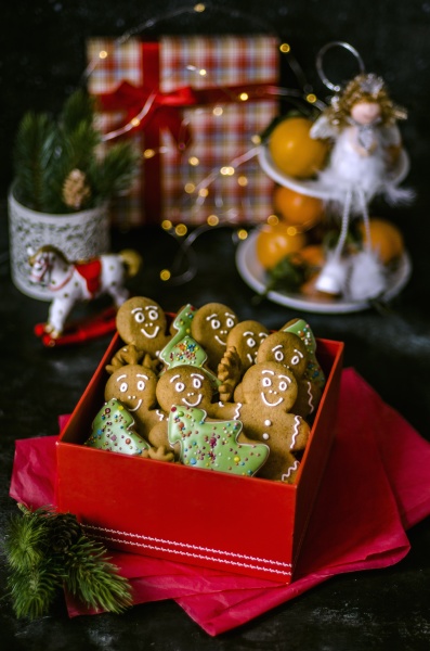 lebkuchenmaenner und weihnachtsbaumkekse in einer geschenkbox