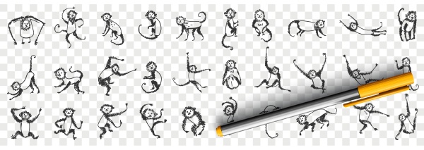 monkeys, enjoying, life, doodle, set - 30665803