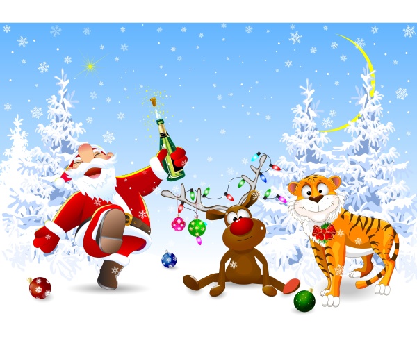 weihnachtsmann hirsch und tiger feiern weihnachten