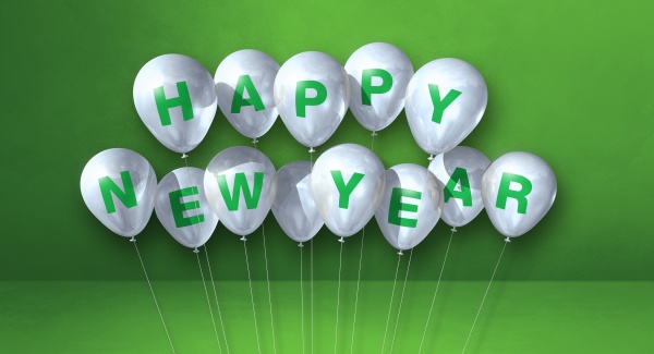 weisse happy new year ballons auf