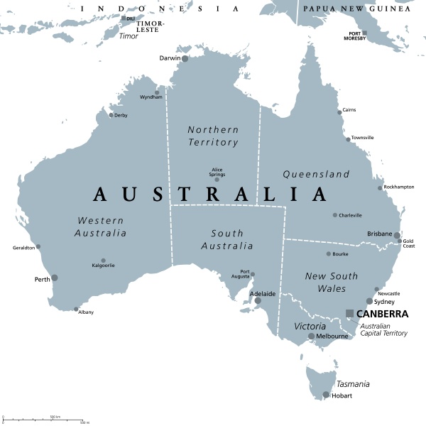 australien graue politische landkarte mit verwaltungsgrenzen