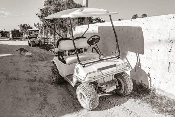 golfwagen buggy autos karren schlammiges strassendorf