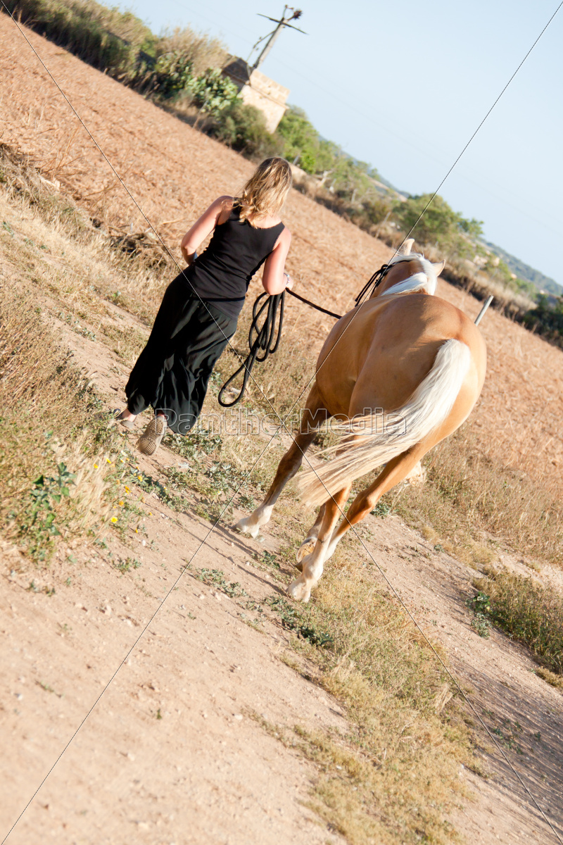 Blonde Junge Frau Mit Pferd Macht Spaziergang Lizenzfreies Foto 9486144 Bildagentur Panthermedia