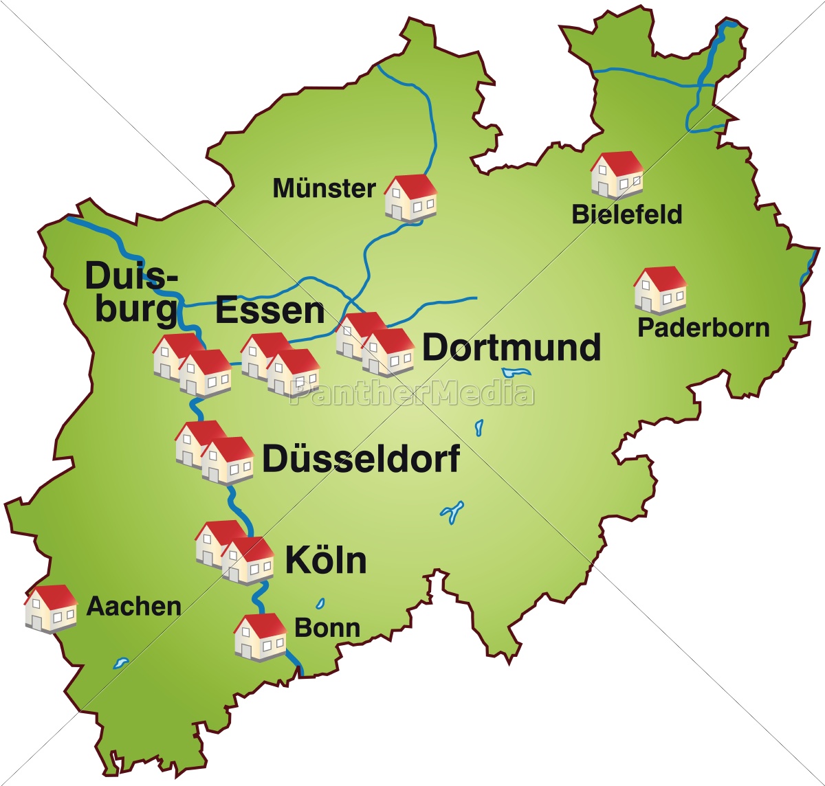 Karte Von Nordrhein-Westfalen Als Infografik In Grün - Lizenzfreies ...