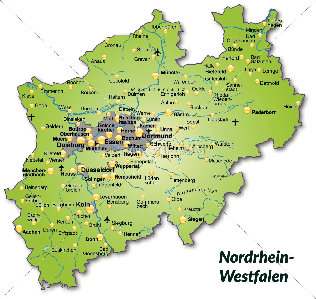 Karte von Nordrhein-Westfalen als Übersichtskarte in - Lizenzfreies