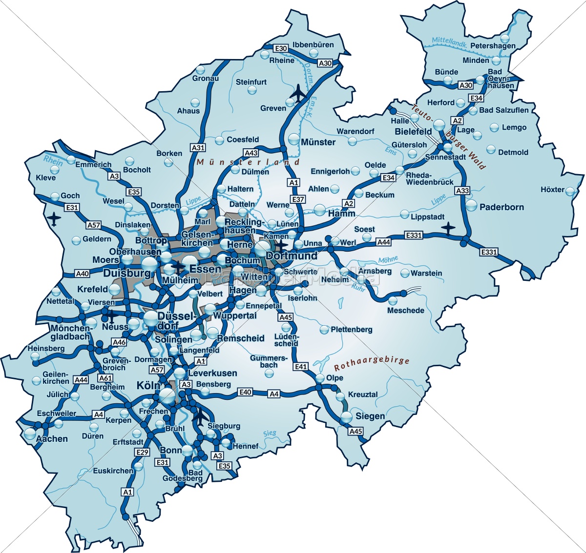 Karte von Nordrhein-Westfalen mit Verkehrsnetz in Blau - Lizenzfreies Bild - #10638845 