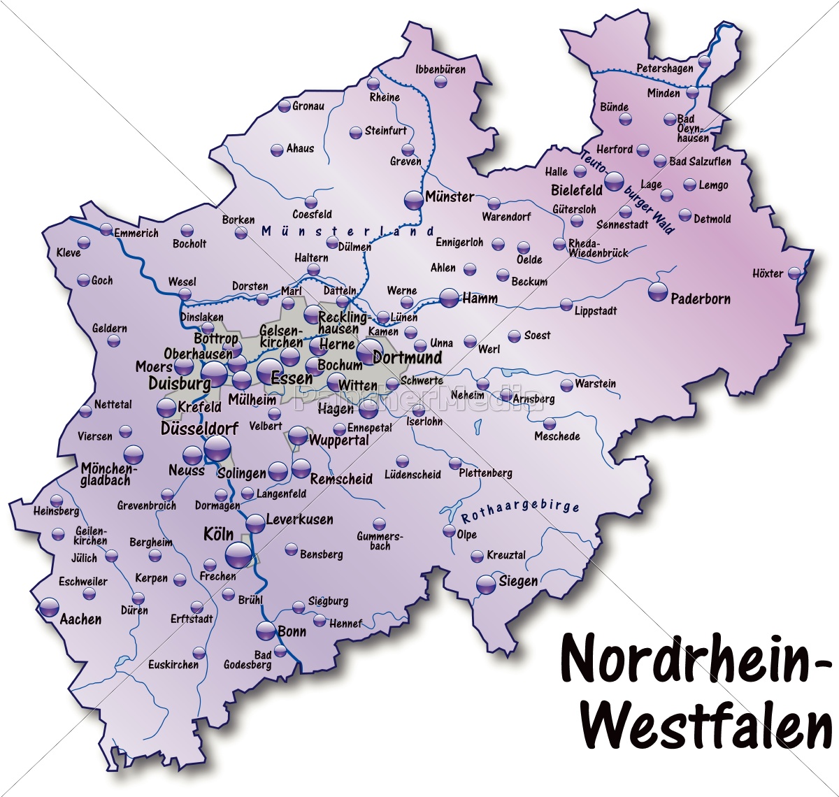 Karte von Nordrhein-Westfalen als Übersichtskarte in - Stockfoto - #10638801  Bildagentur 