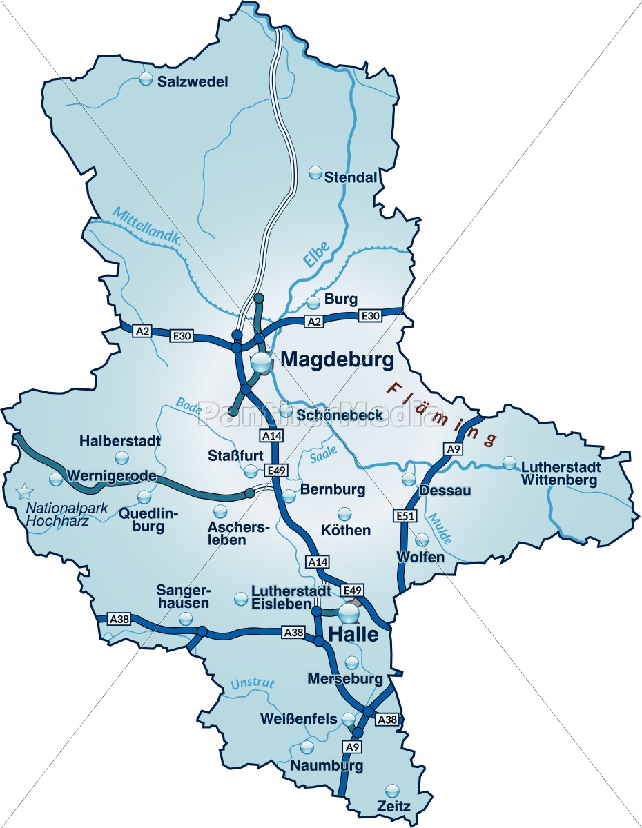 Karte von Sachsen-Anhalt mit Verkehrsnetz in Blau - Stockfoto