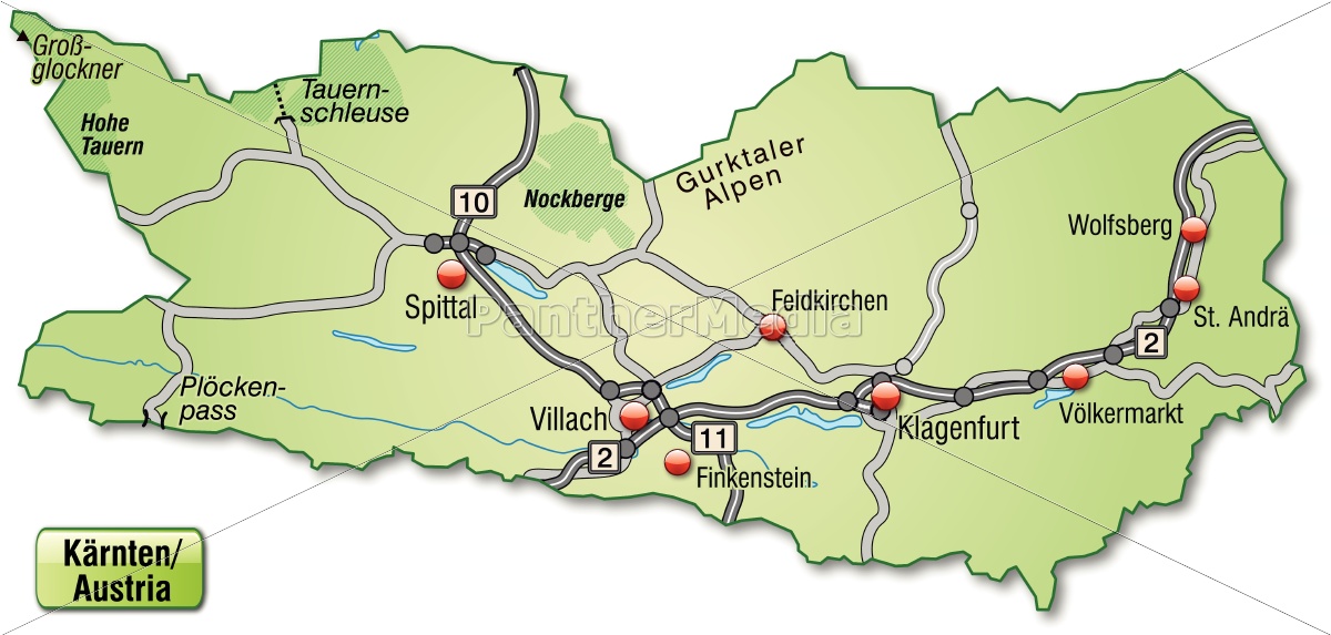 Karte von Kaernten mit Verkehrsnetz in Pastellgrün - Stockfoto