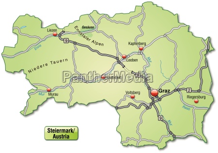 Karte von steiermark mit Verkehrsnetz in Pastellgrün - Lizenzfreies