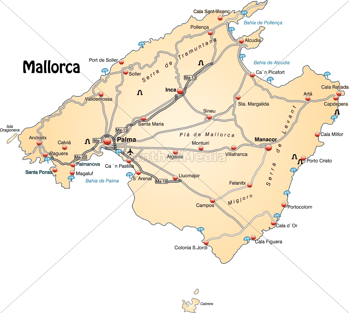 Karte von Mallorca mit Verkehrsnetz in Pastellorange - Stockfoto