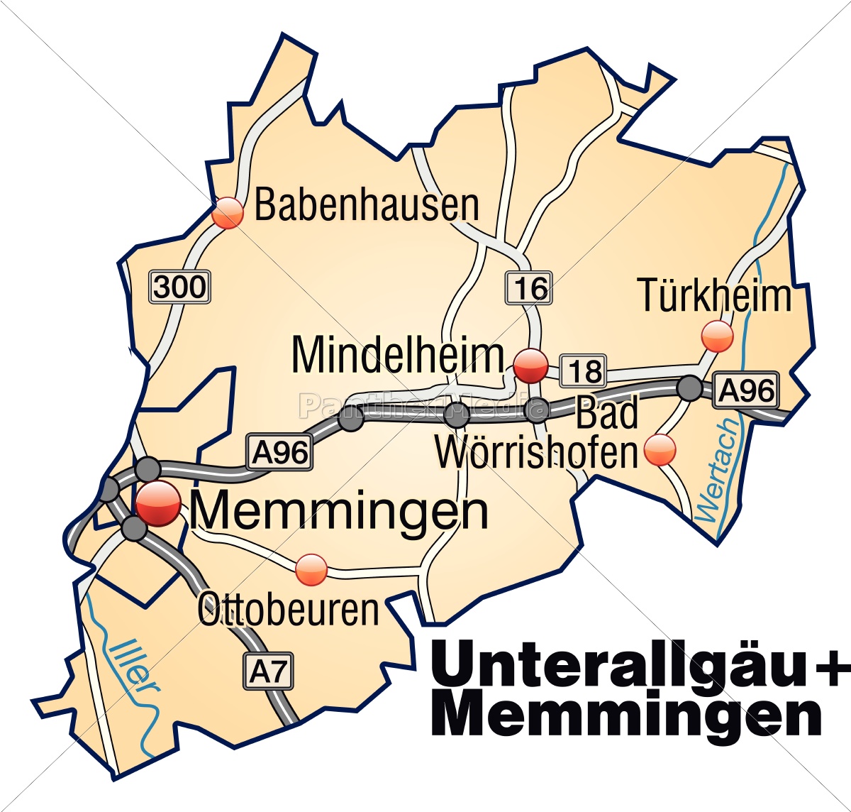 Karte von Unterallgaeu-Memmingen mit Verkehrsnetz in - Lizenzfreies