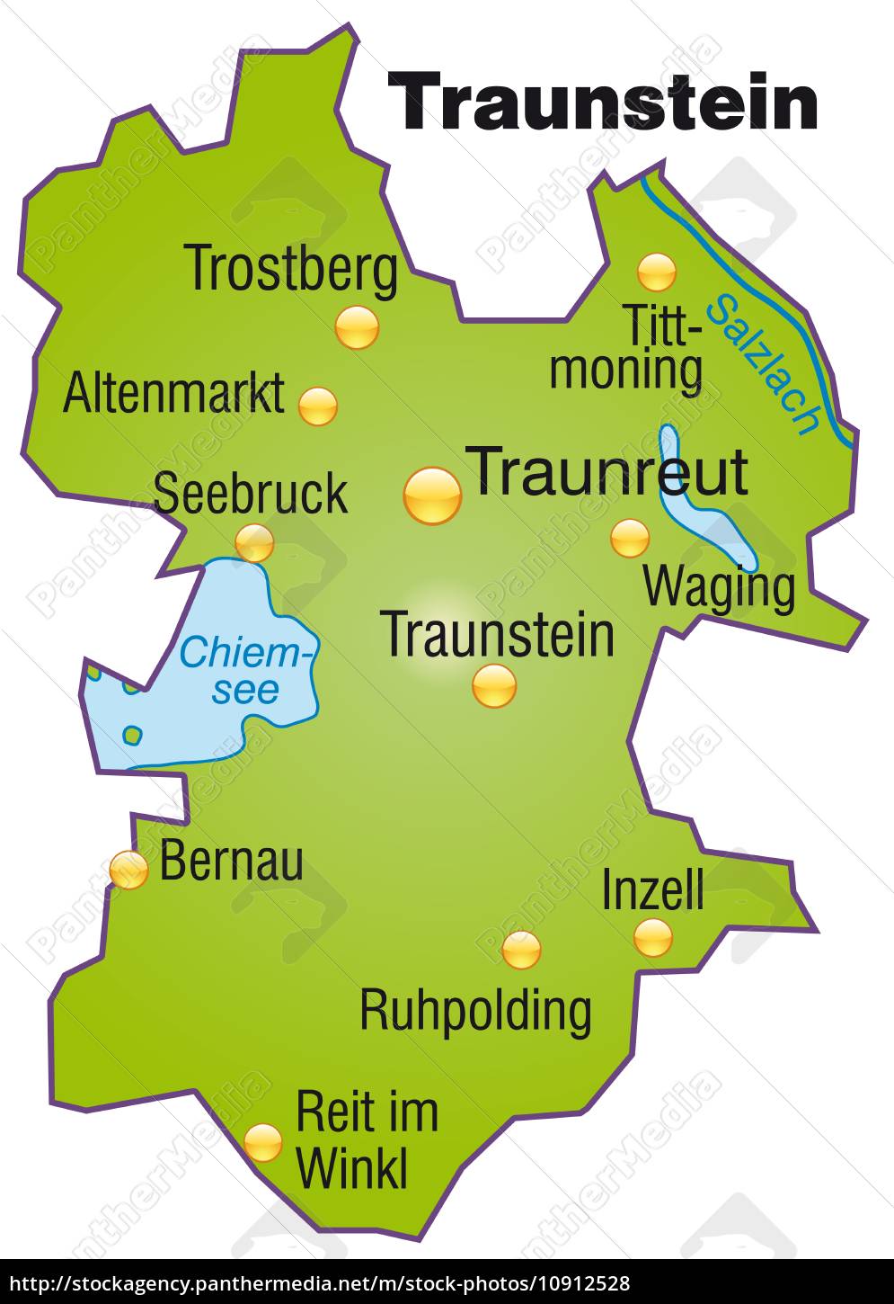 Karte von Traunstein als Übersichtskarte in Grün - Lizenzfreies Foto