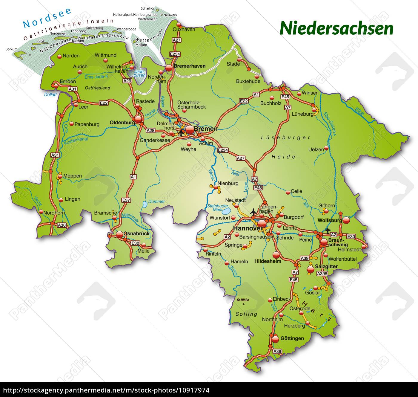 Karte von Niedersachsen mit Verkehrsnetz - Stock Photo - #10917974
