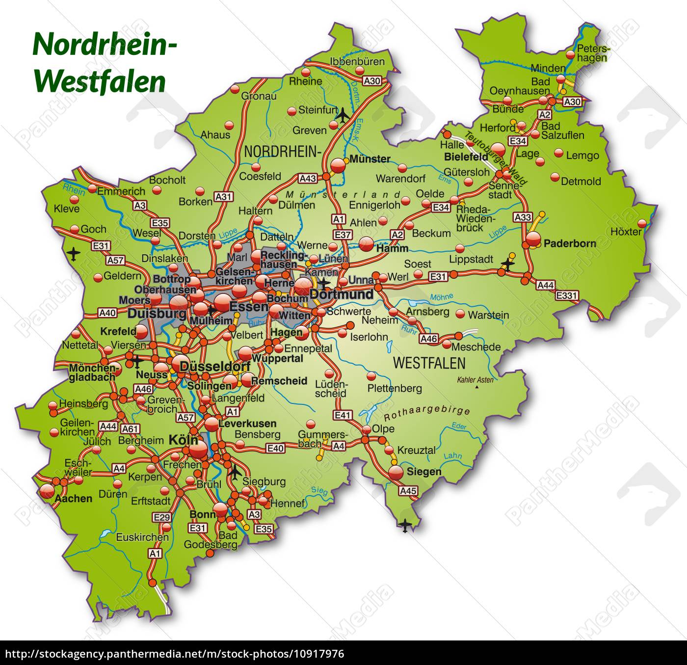 Karte von Nordrhein-Westfalen mit Verkehrsnetz - Lizenzfreies Foto - #10917976  Bildagentur 