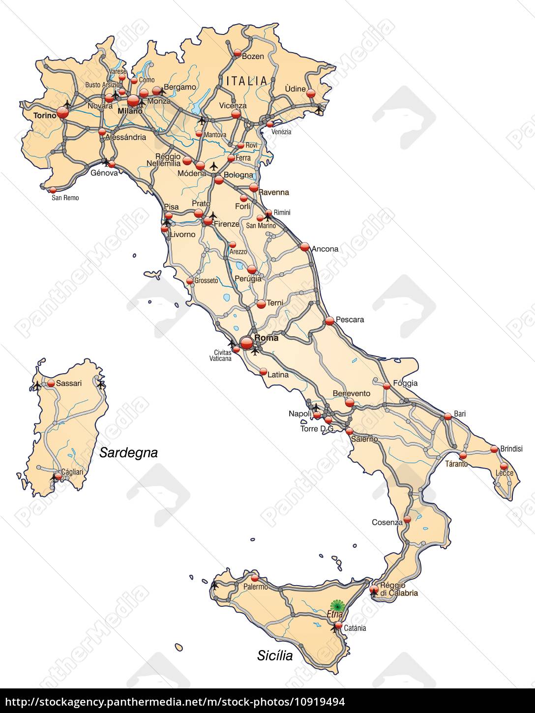 Karte Von Italien Mit Verkehrsnetz In Pastellorange Stock Photo 10919494 Bildagentur Panthermedia