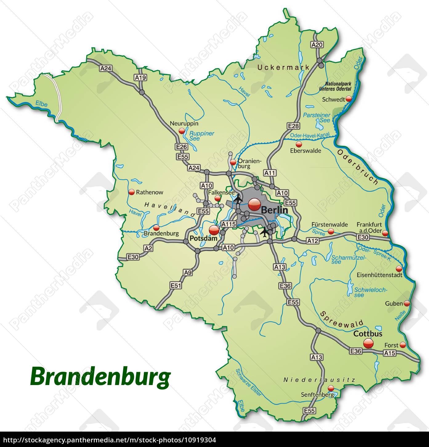 Karte Von Brandenburg Mit Verkehrsnetz In Pastellgrün - Lizenzfreies ...