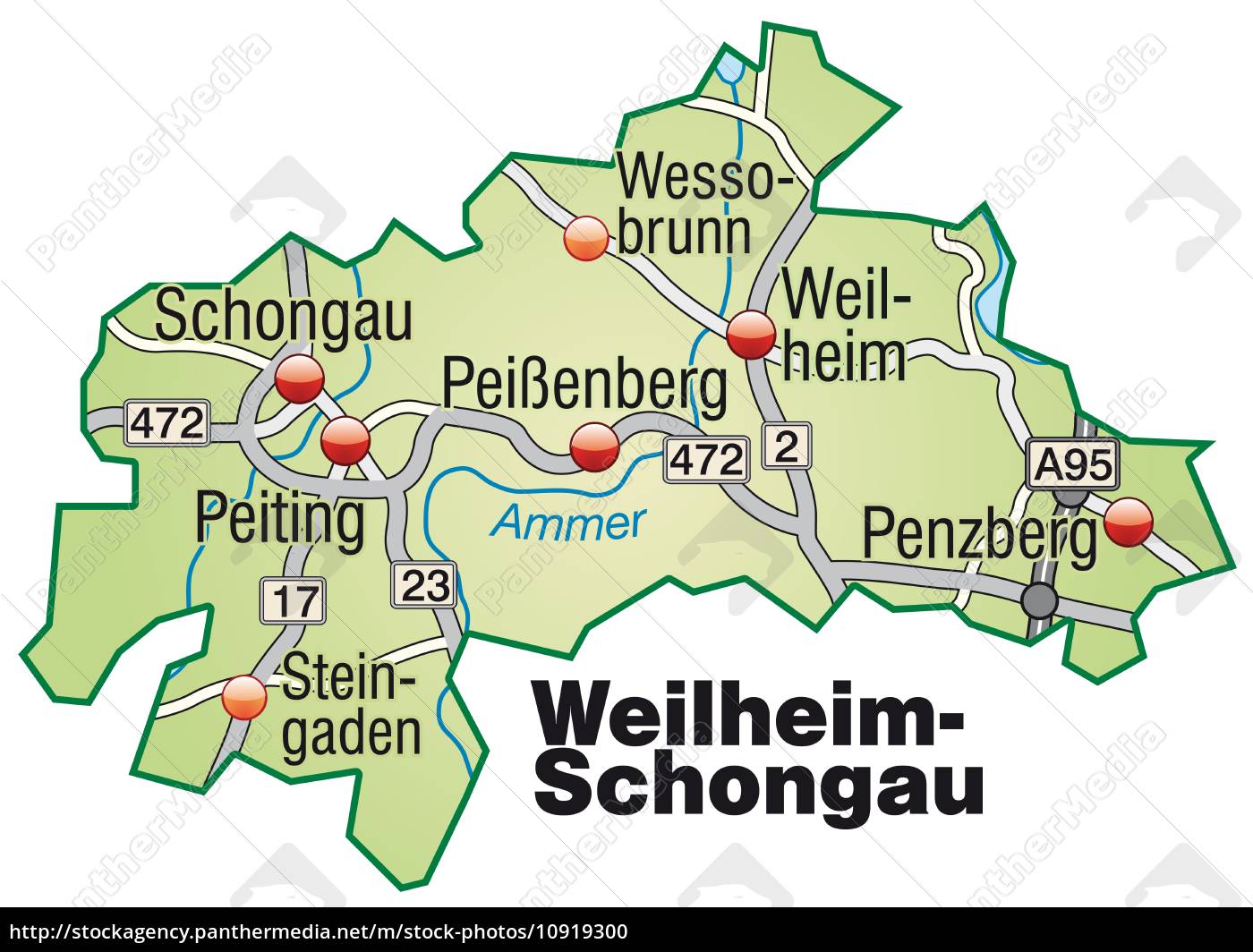 Karte von Weilheim-Schongau mit Verkehrsnetz in - Lizenzfreies Foto