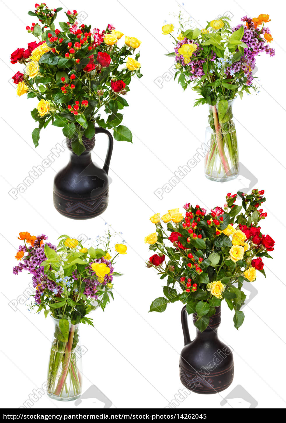 Set Von Blumenstraussen In Krugen Auf Weissem Stockfoto Bildagentur Panthermedia