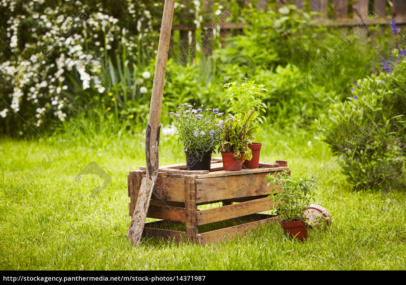 Holzkiste Spaten Strohut Garten Lizenzfreies Bild 14371987