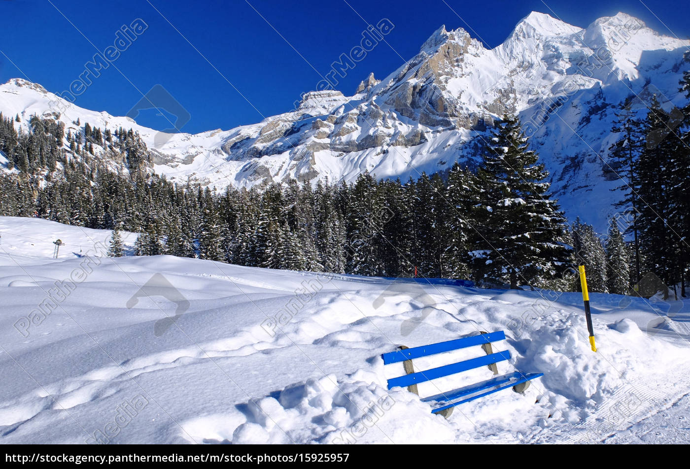 Von Schnee Umgebene Bank Am Oeschinensee Lizenzfreies Bild Bildagentur Panthermedia