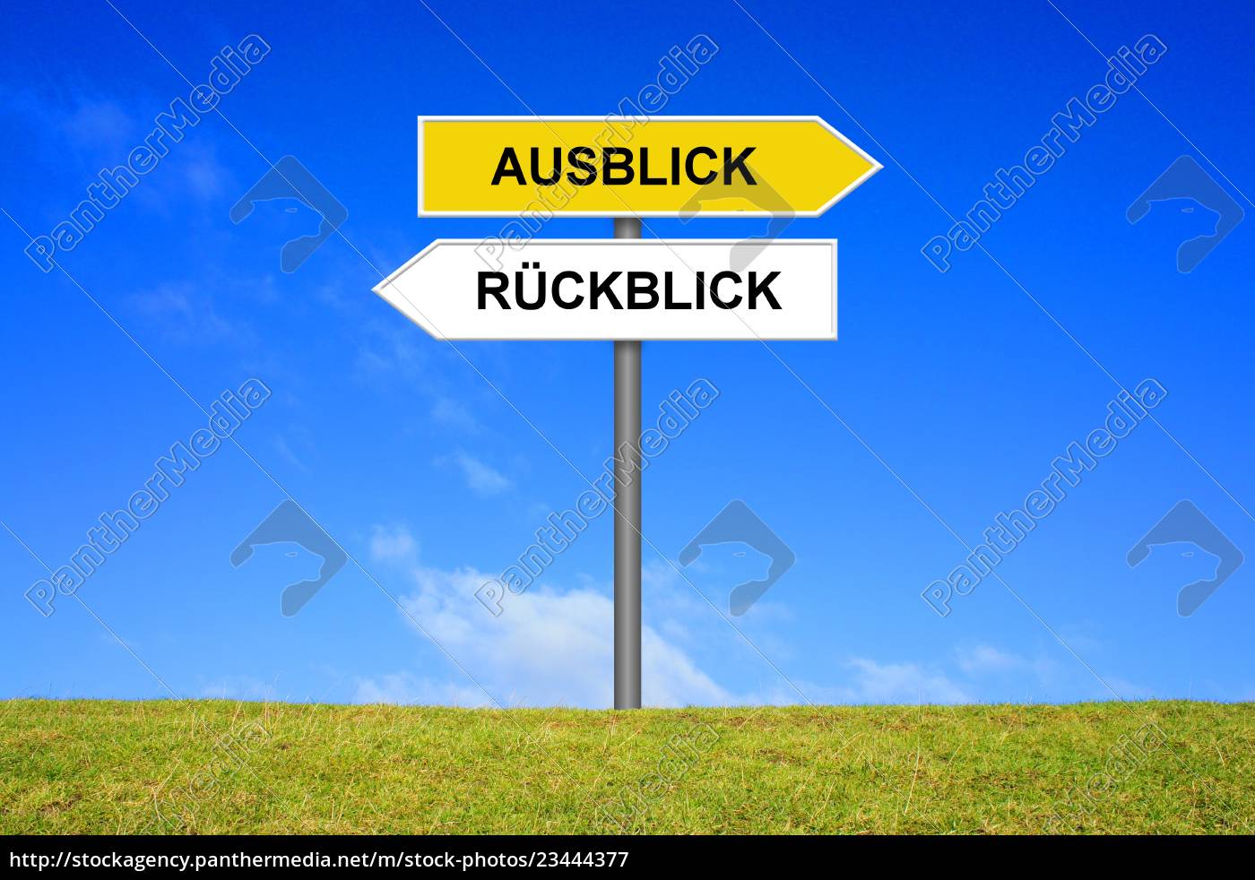 Schild Wegweiser zeigt Rückblick und Ausblick - Lizenzfreies Bild 