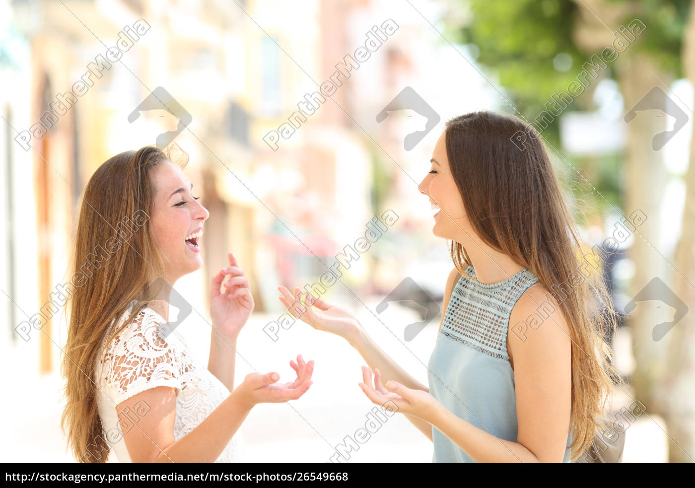 Zwei Glückliche Freunde Reden Und Lachen Auf Der Lizenzfreies Foto 26549668 Bildagentur 
