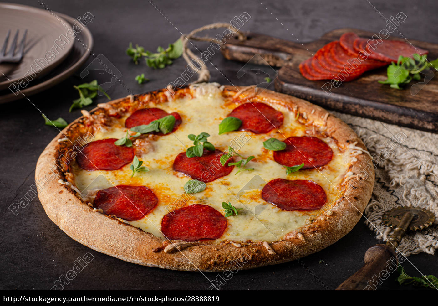 Hausgemachte Salami-Pizza mit Käseecken - Lizenzfreies Bild - #28388819 ...
